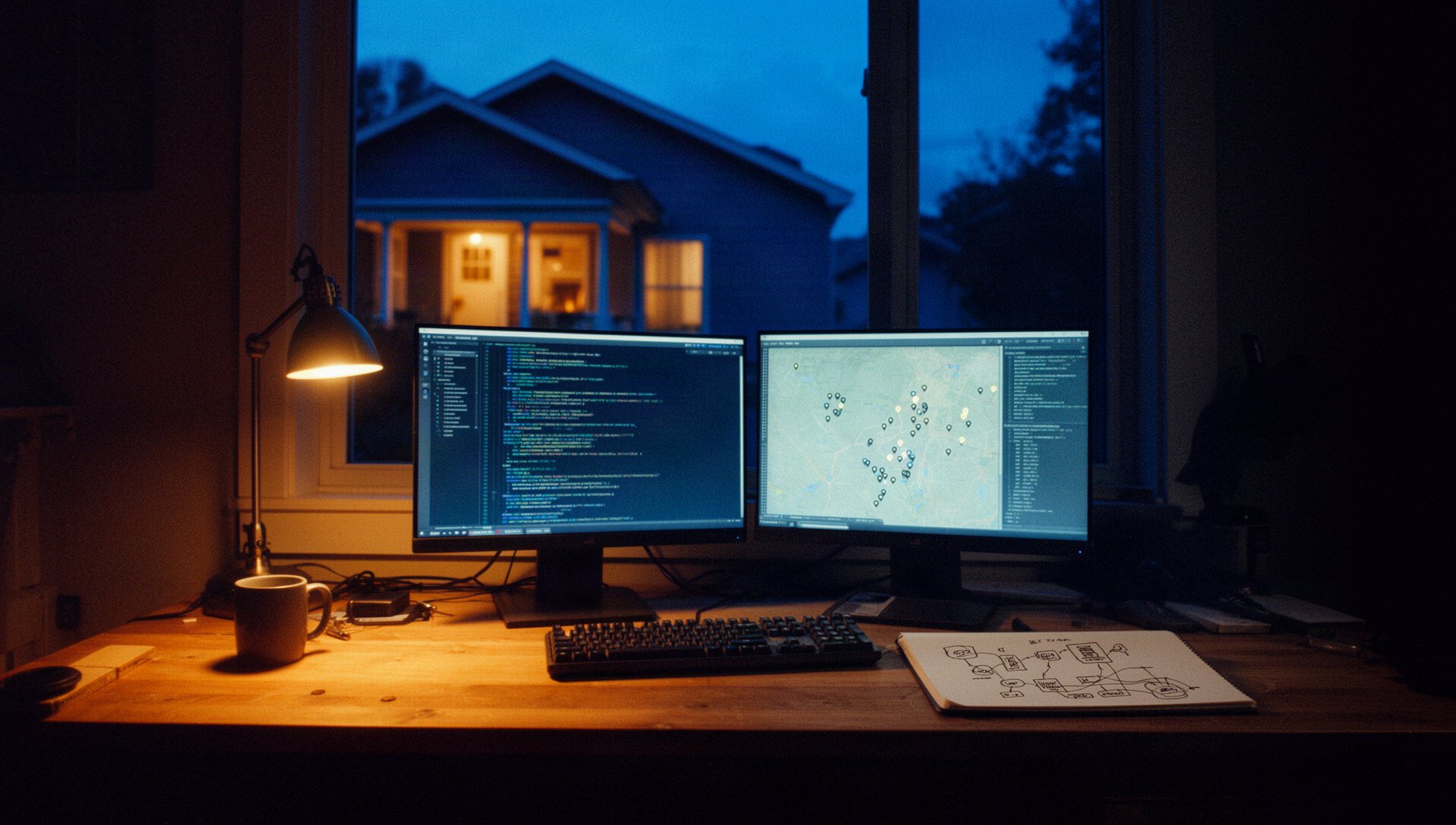 A desk at night with two monitors showing code and a pinned map, a lamp, and a lit porch through the window