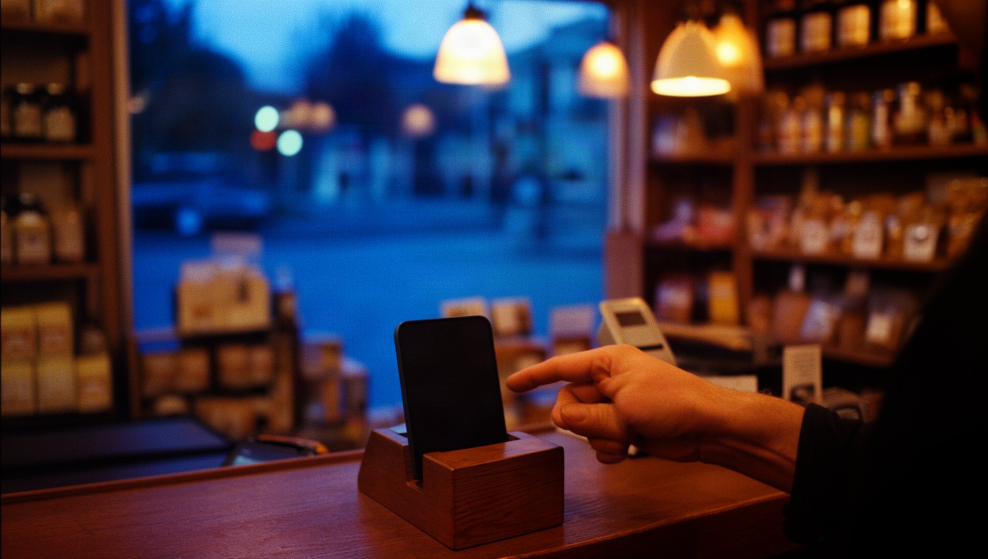 A customer taps a phone to a tap card on the counter of a local shop at dusk
