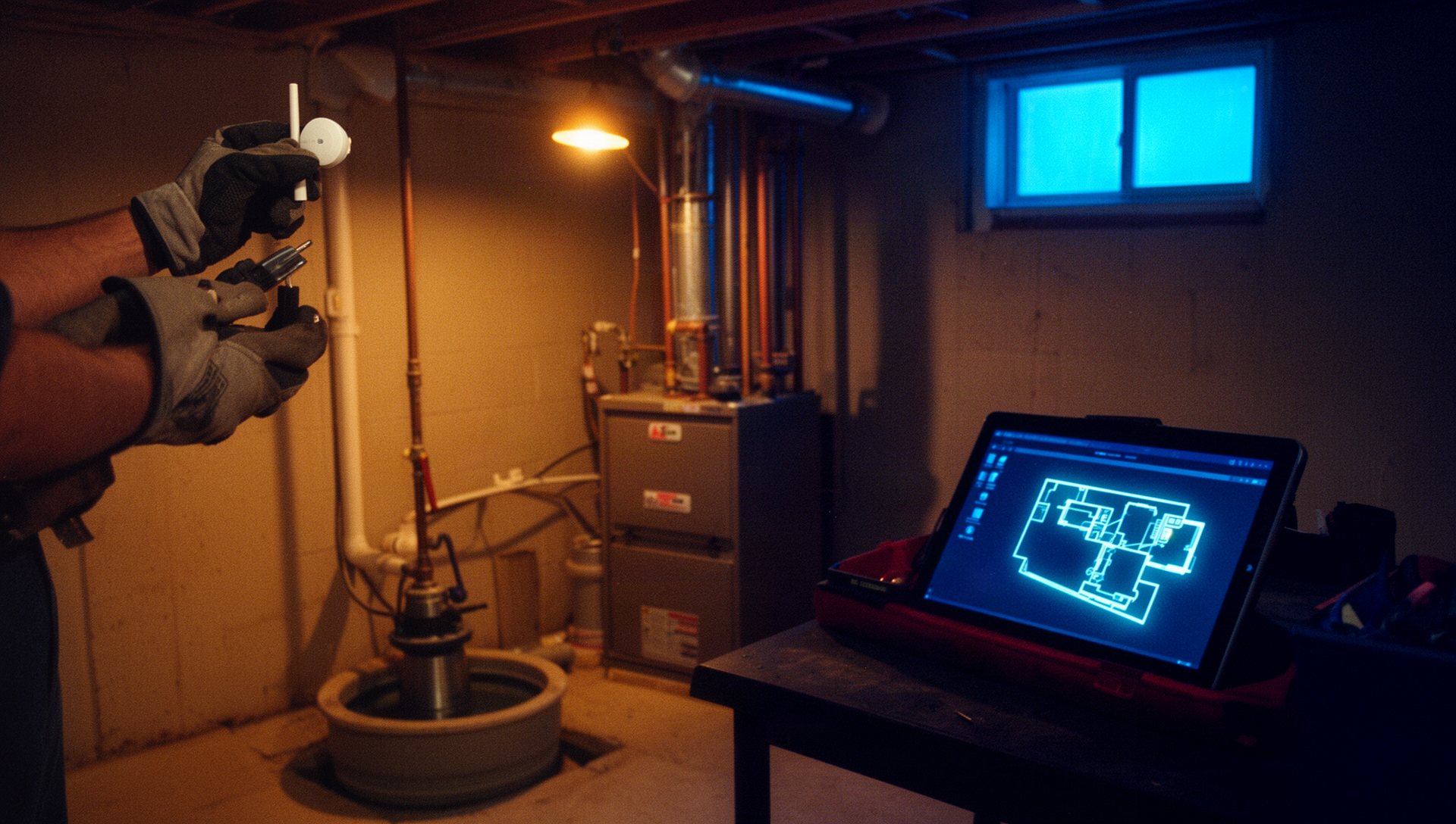 Gloved hands mount a sensor by a sump pump while a tablet shows a floor plan