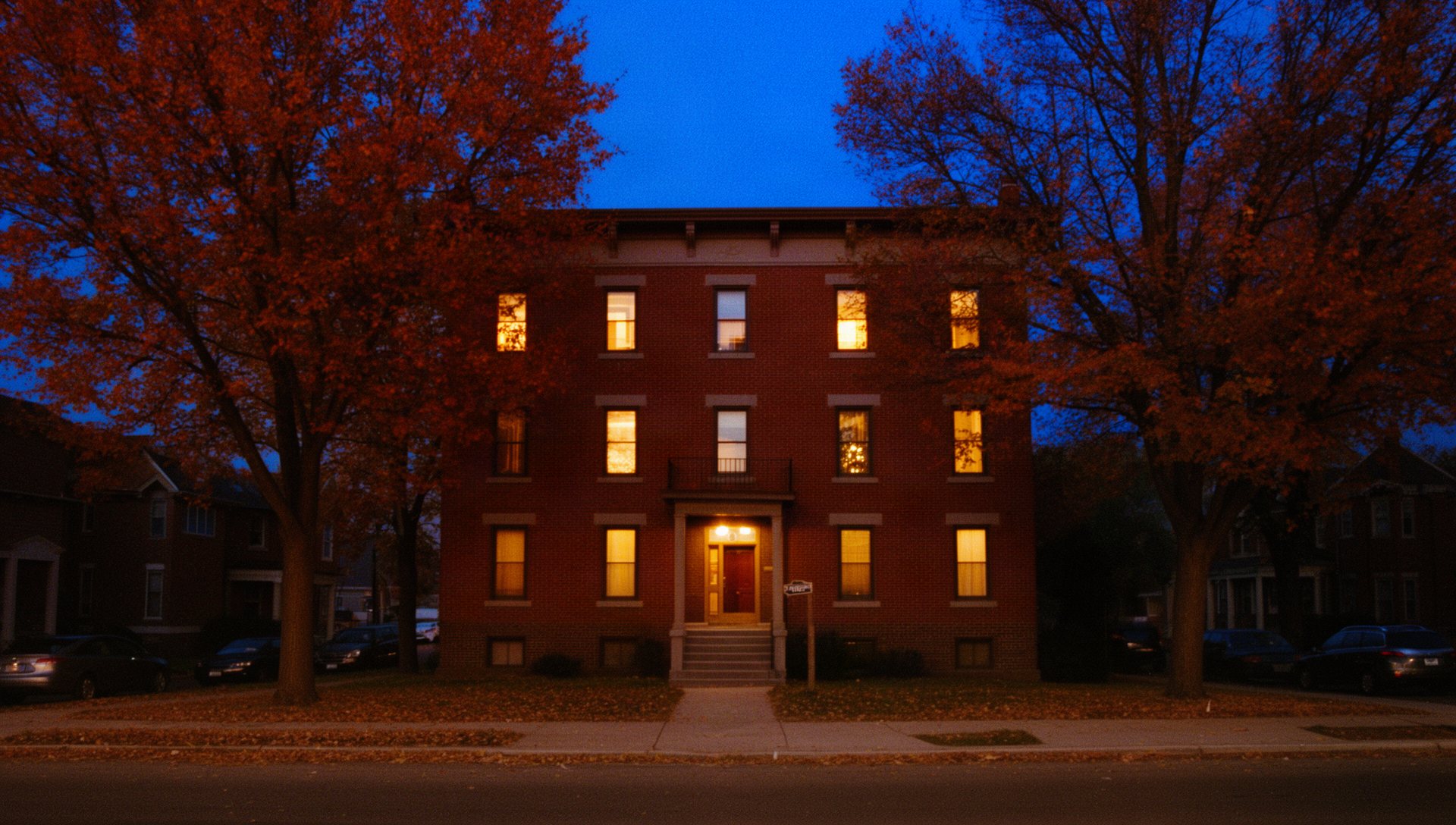 A three-story brick apartment building at dusk among autumn trees, its windows lit