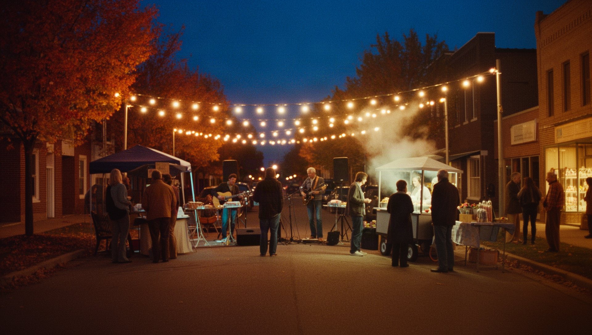 Neighbors gather under string lights on a closed-off street with a local band and a food stand